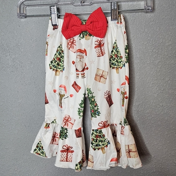 None Other - Baby Girl Christmas Holiday Pants Santa Red Bow Flare Bell Ruffle Size 3-6 M